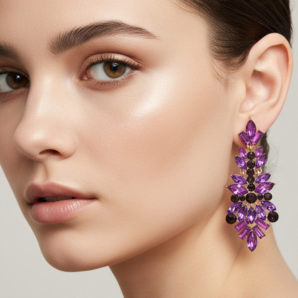 Model wearing Purple Mix Shaped Crystal Pageant Earrings | Prom Earrings