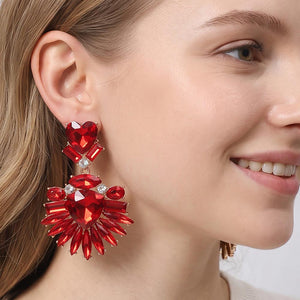 Red Heart Crystal Fan pageant and prom earrings on gold shown here on a model's ear