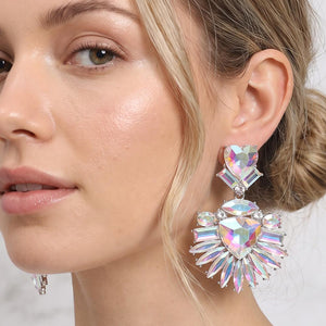 AB  Heart Crystal Fan pageant and prom earrings on silver displayed here on a model's ear