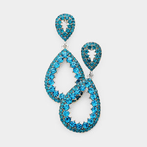 Teal Pave Open Teardrop Pageant Earrings | Prom Earrings | Homecoming Earrings