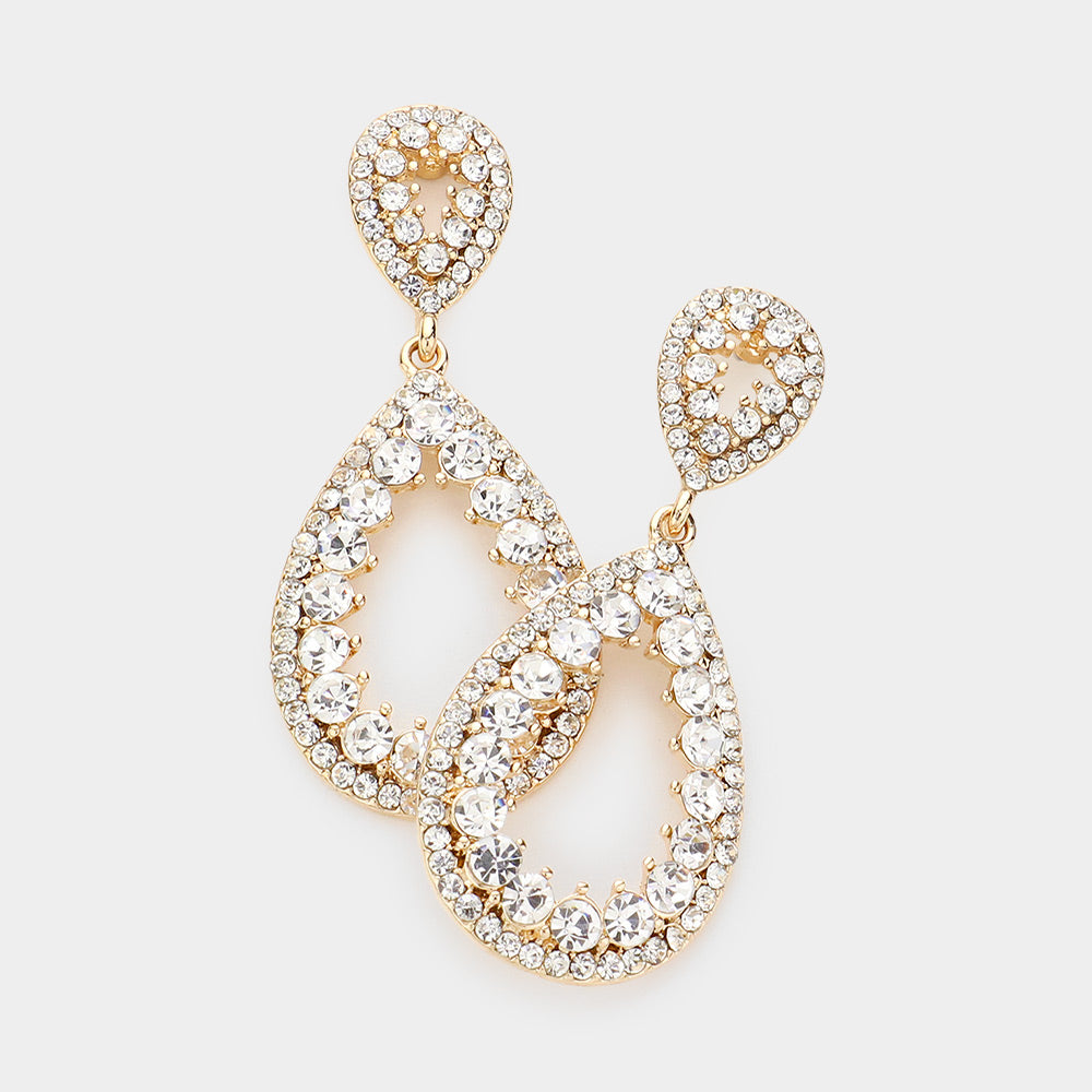 Clear Pave Open Teardrop Pageant Earrings on Gold | Prom Earrings | Homecoming Earrings
