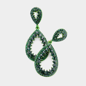 Green Pave Open Teardrop Pageant Earrings | Prom Earrings | Homecoming Earrings