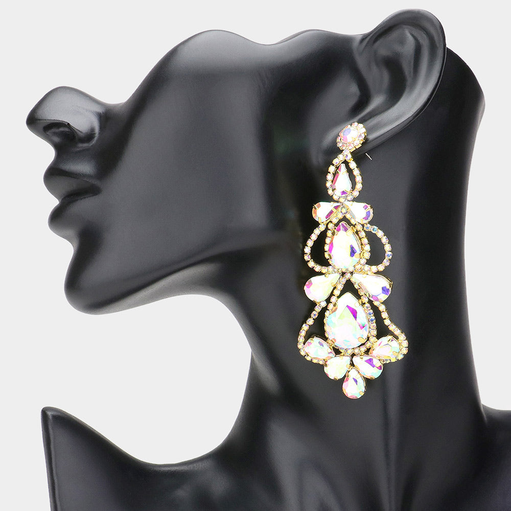 AB Teardrop Cluster Chandelier Pageant Earrings on Gold | AB Evening Earrings |  630824
