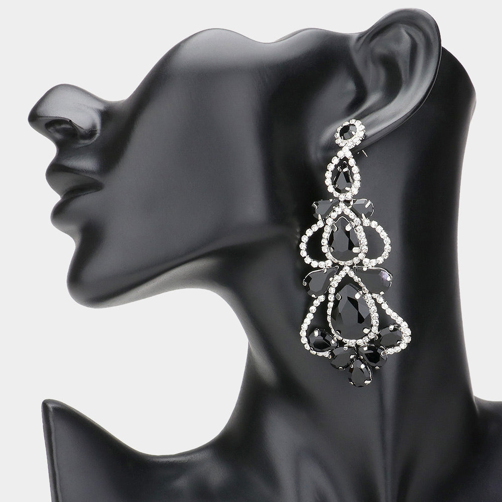 Black Teardrop Cluster Chandelier Pageant Earrings | Black Evening 