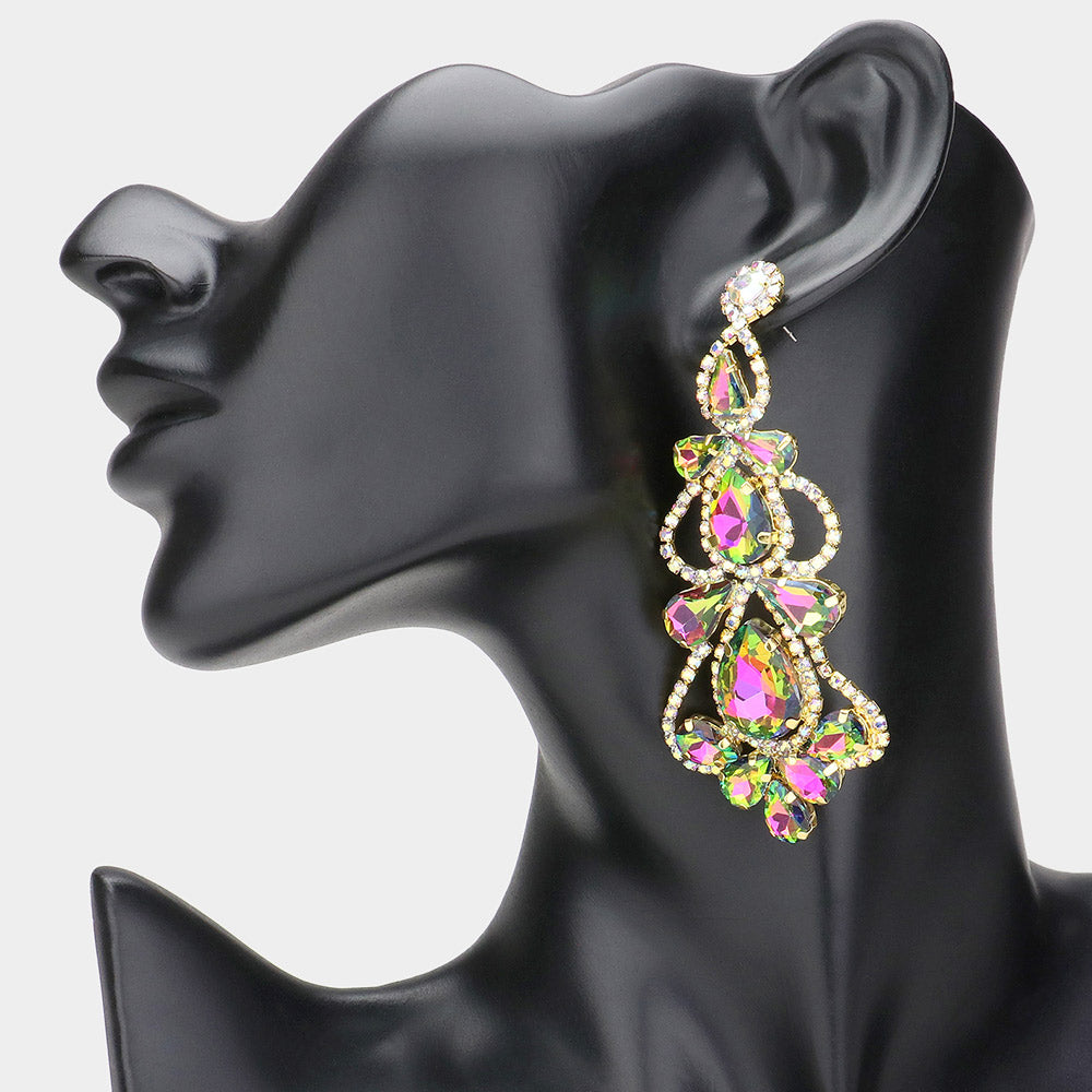 Multi-Color AB Teardrop Cluster Chandelier Pageant Earrings  | Multi-Color AB Evening Earrings