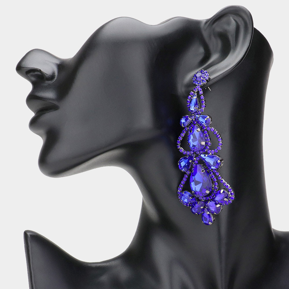 Sapphire Teardrop Cluster Chandelier Pageant Earrings  | Sapphire Evening Earrings