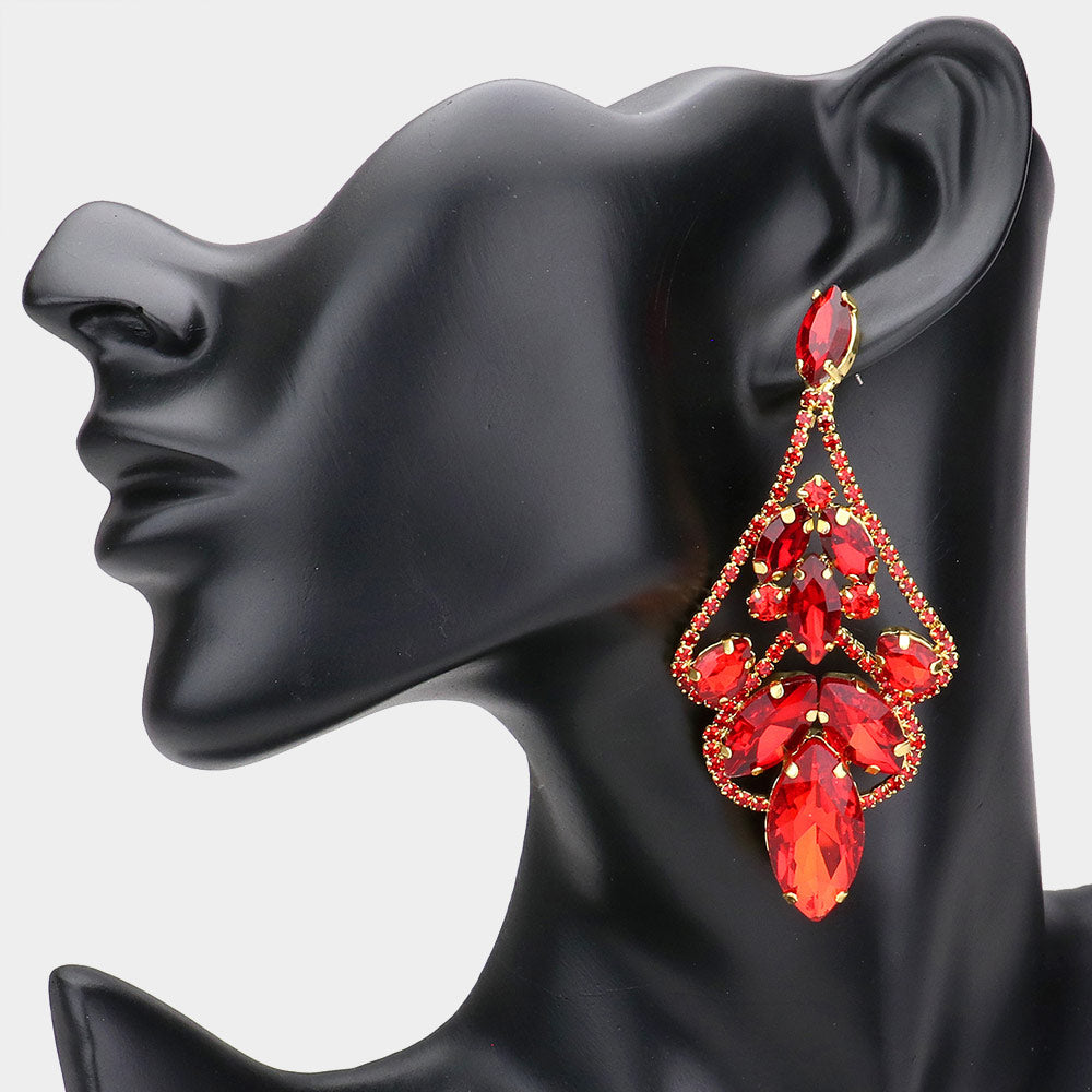 Red Marquise Stone and Rhinestones Pageant Chandelier Earrings | Red Fashion Earrings