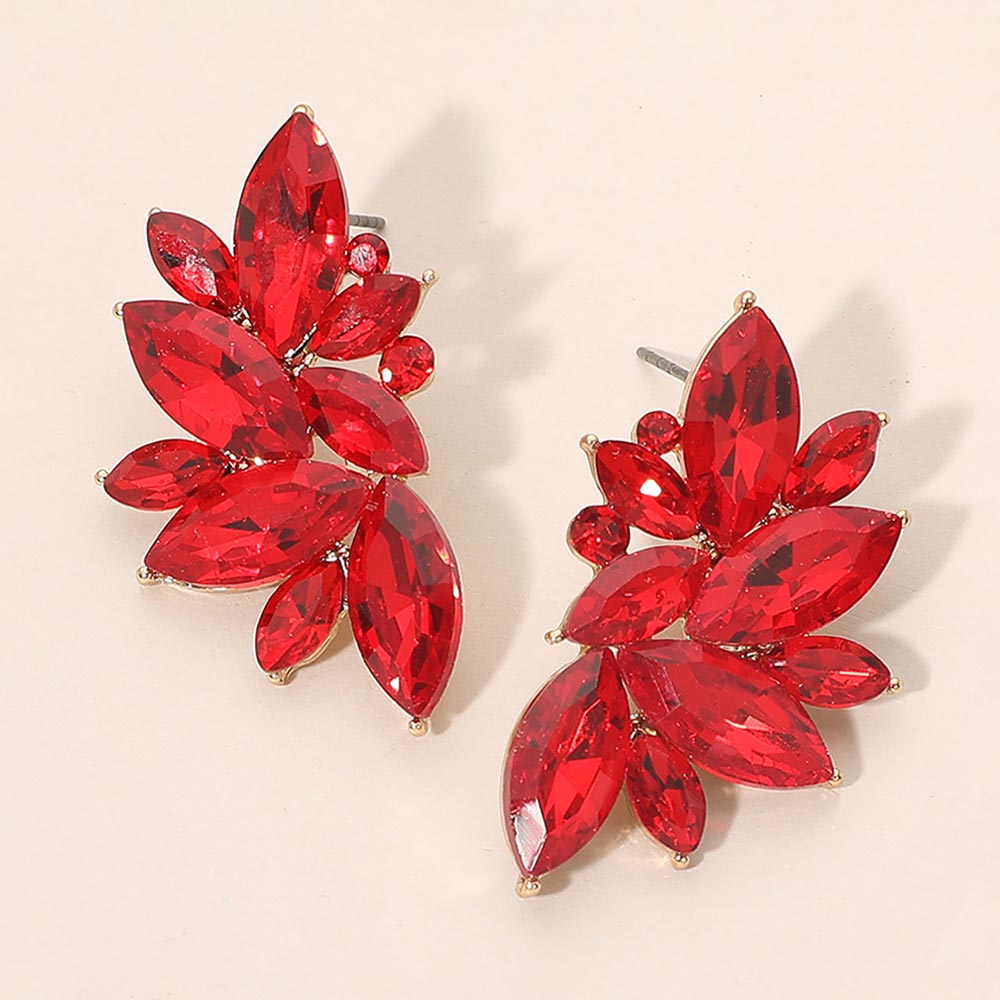 Red Marquise Stone Cluster Pageant Earrings on Gold | Interview Earrings, shown on a light beige background
