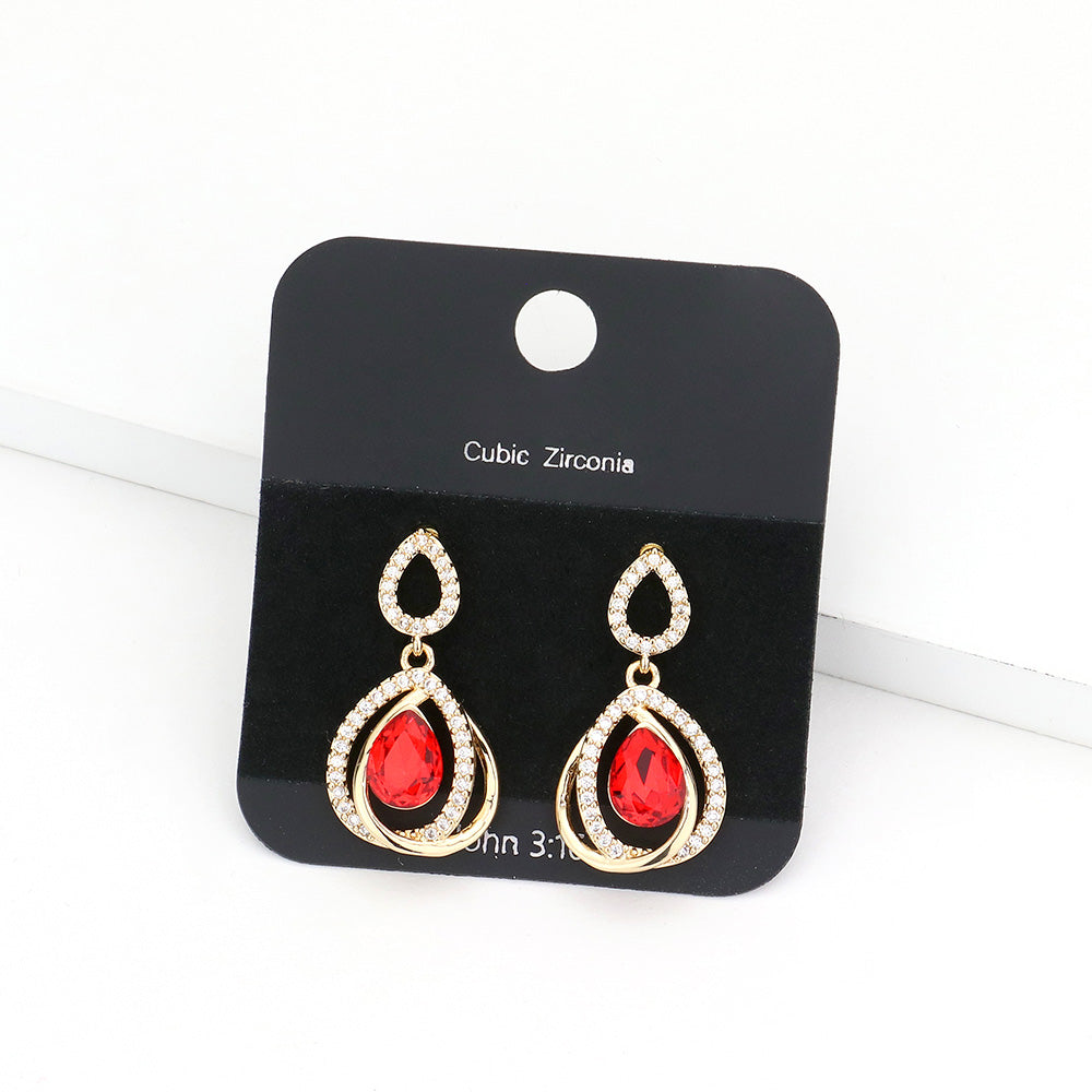 Small Red Teardrop Encircled by Rhinestones Pageant Earrings | Interview Earrings