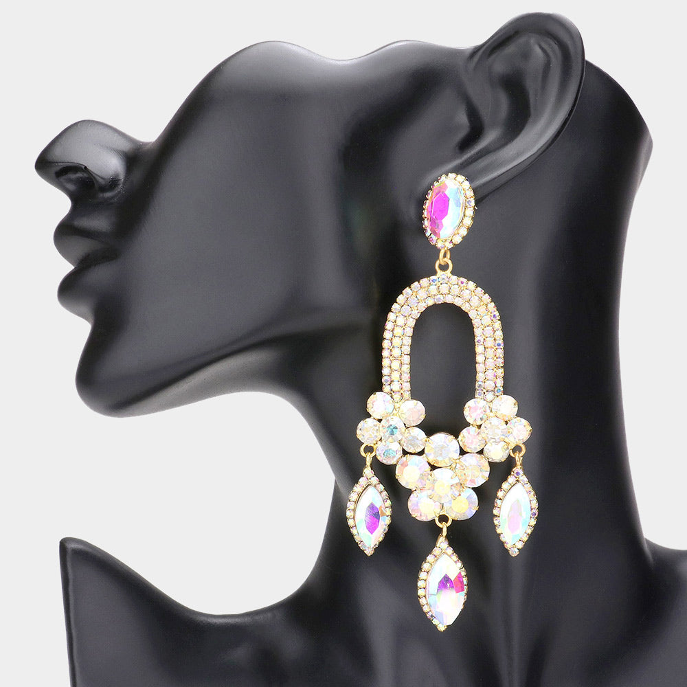AB Triple Marquise Stone Drop Chandelier Pageant Earrings on Gold | Prom Earrings