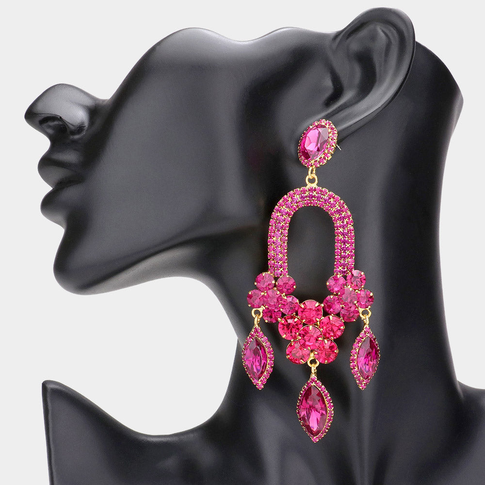 Fuchsia Triple Marquise Stone Drop Chandelier Pageant Earrings | Prom Earrings |  588741