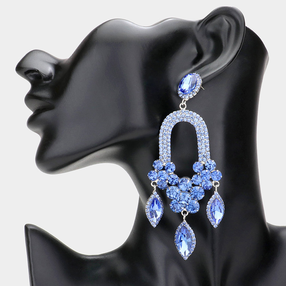 Light Blue Triple Marquise Stone Drop Chandelier Pageant Earrings  | Prom Earrings