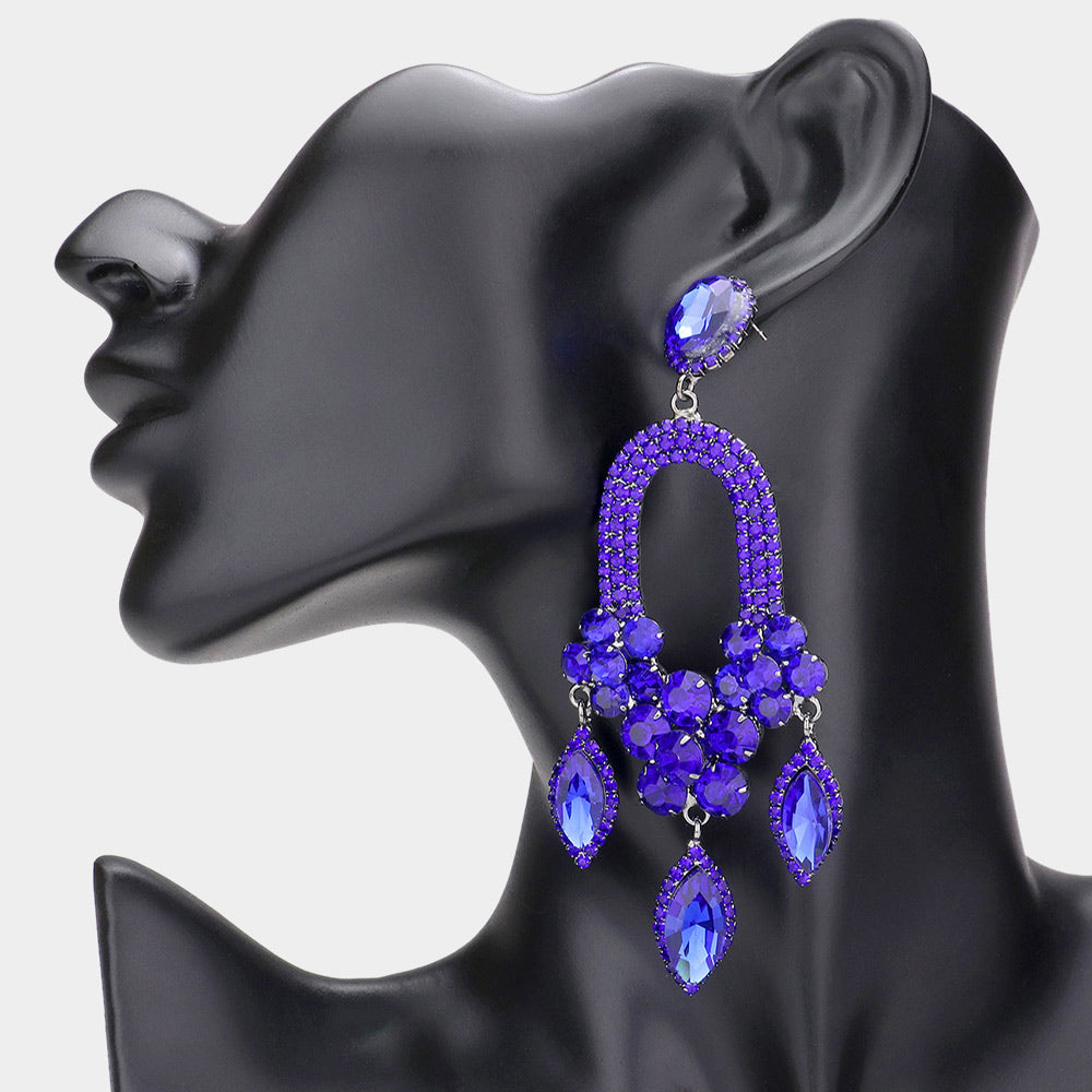 Sapphire Triple Marquise Stone Drop Chandelier Pageant Earrings | Prom Earrings