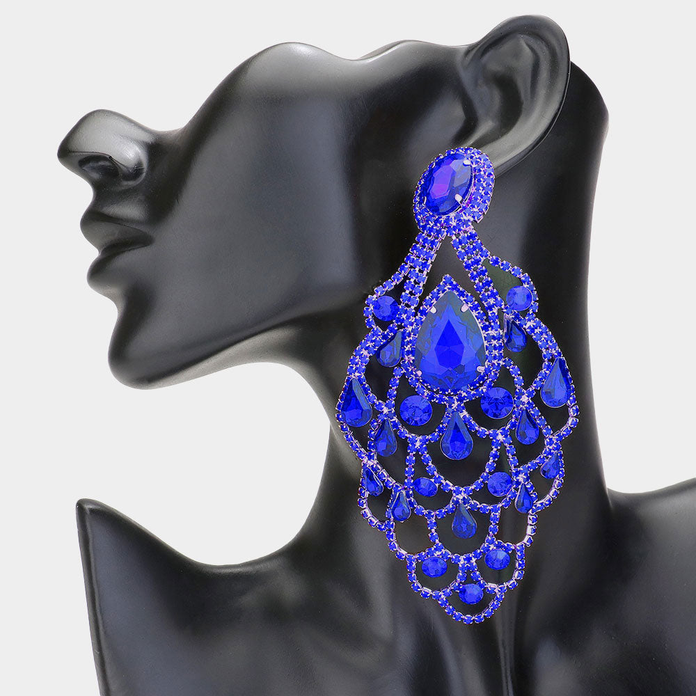Oversize Blue Teardrop Stone Chandelier Statement Earrings on Gold | Pageant Earrings