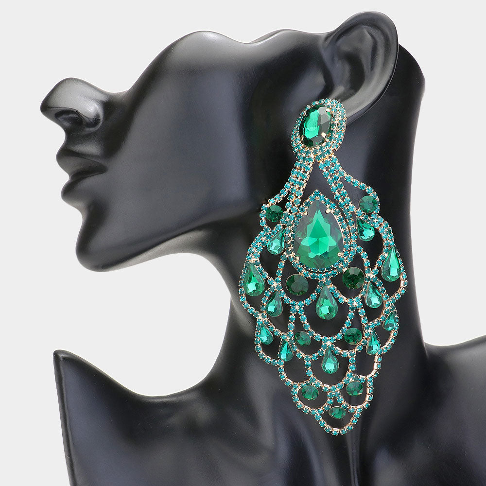 Oversize Emerald Teardrop Stone Chandelier Statement Earrings | Pageant Earrings