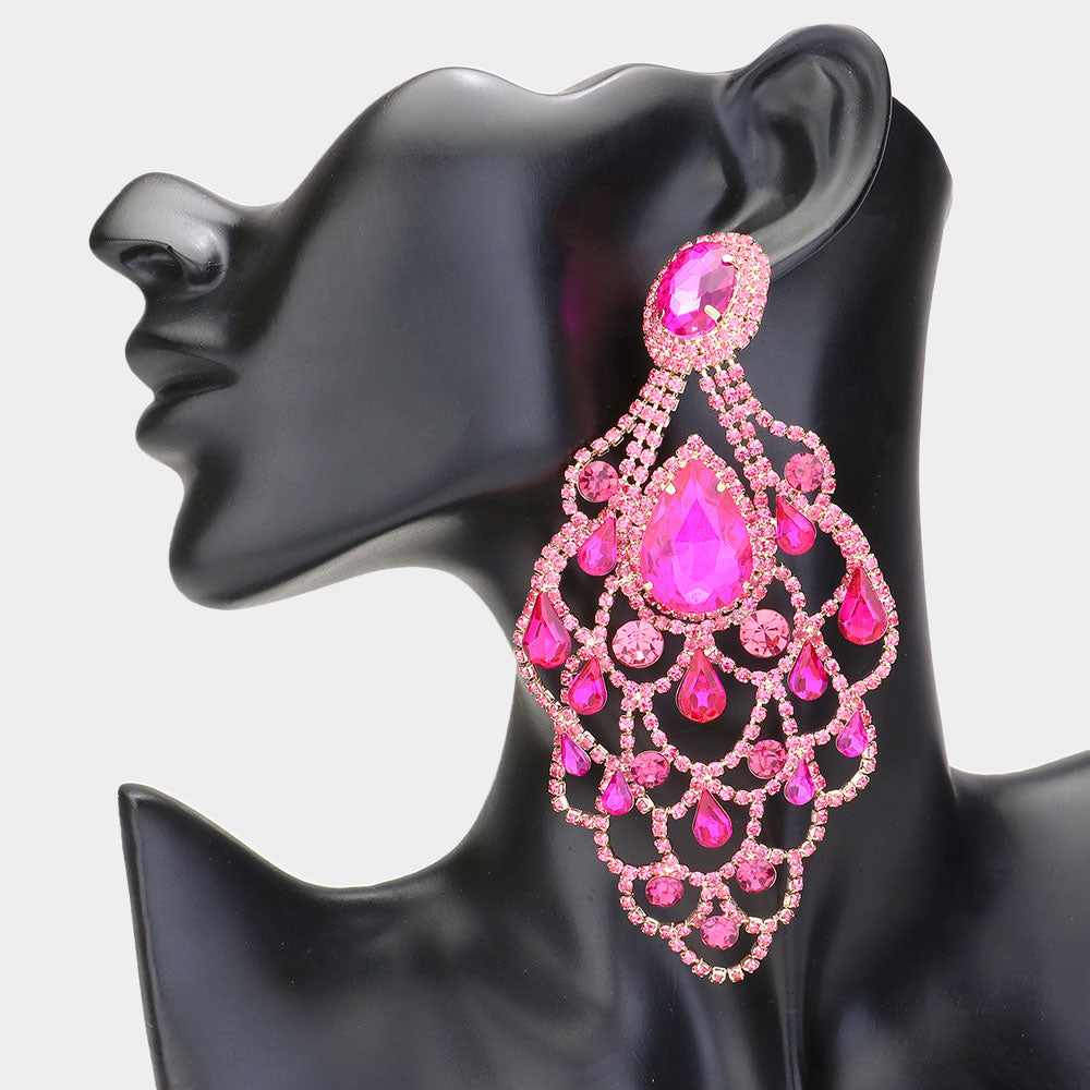 Oversize Fuchsia Teardrop Stone Chandelier Statement Earrings | Pageant Earrings