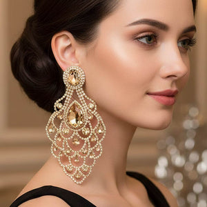 Oversize Topaz Teardrop Stone Chandelier Statement Earrings on Gold | Pageant Earrings | 689840