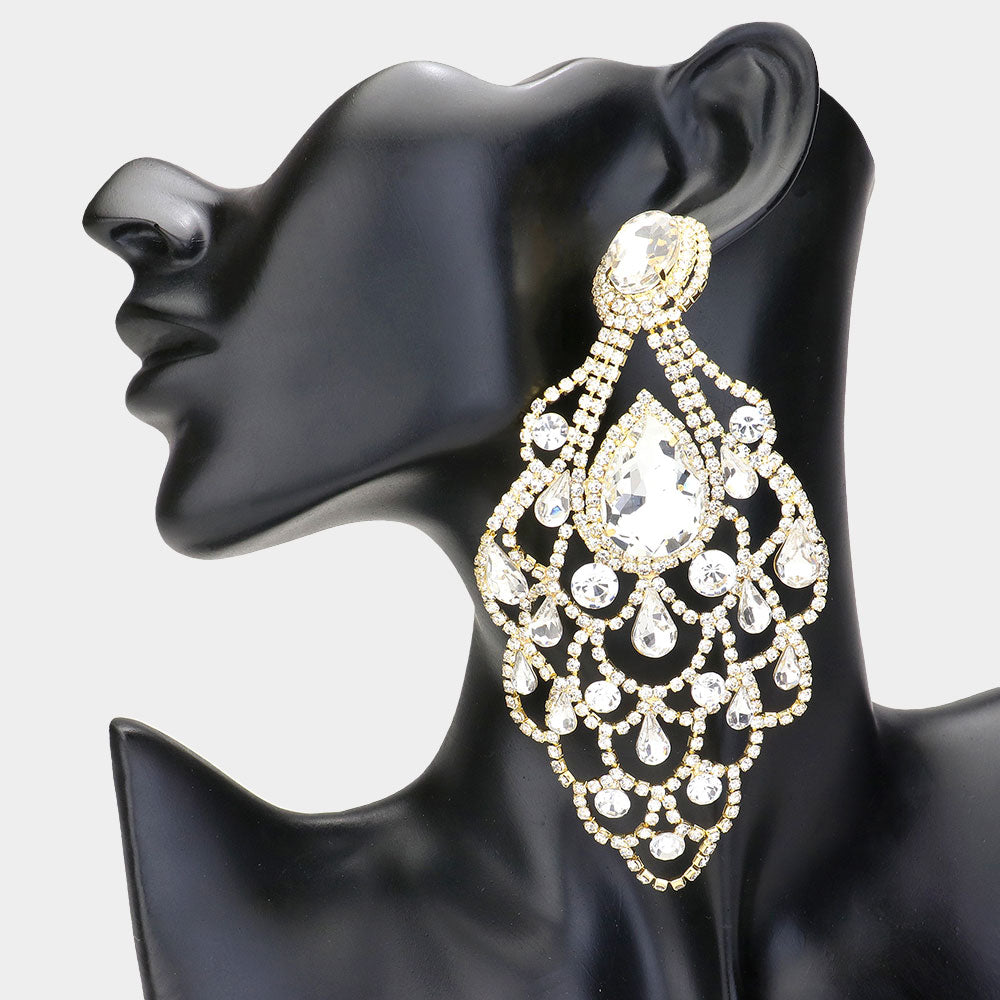 Oversize Clear Teardrop Stone Chandelier Statement Earrings  | Pageant Earrings