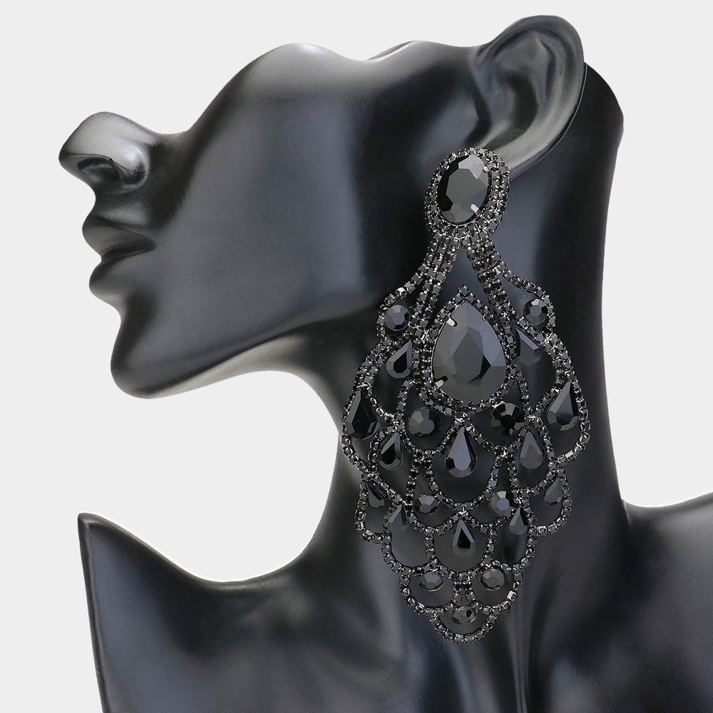 Oversize Black Teardrop Stone Chandelier Statement Earrings | Pageant Earrings
