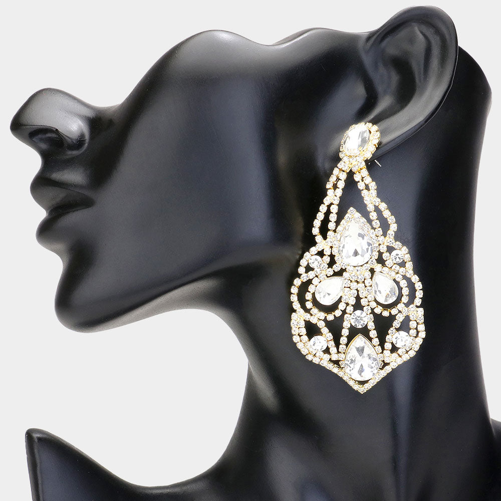 Large Crystal Teardrop Pointed Chandelier Statement Earrings on Gold | Pageant Earrings