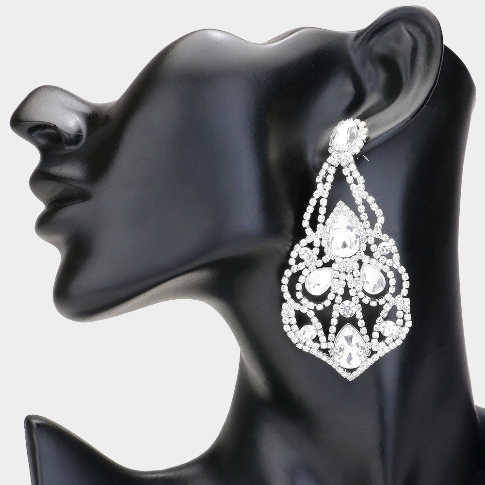 Large Crystal Teardrop Pointed Chandelier Statement Earrings  | Pageant Earrings