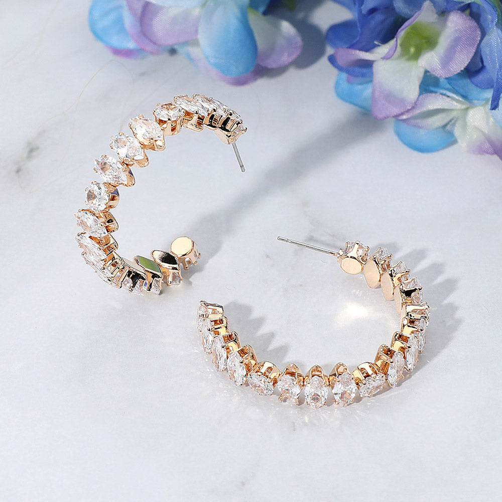 Clear Marquise Stone Open Hoop Evening Earrings on Gold | 1.5" | Open Hoop Pageant Earrings