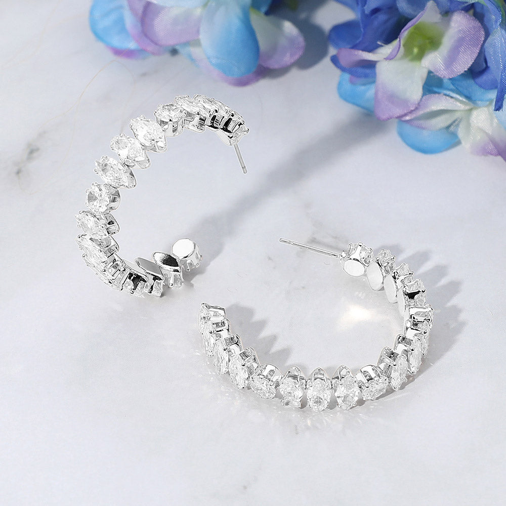 Clear Marquise Stone Open Hoop Evening Earrings on Silver | 1.5" | Open Hoop Pageant Earrings