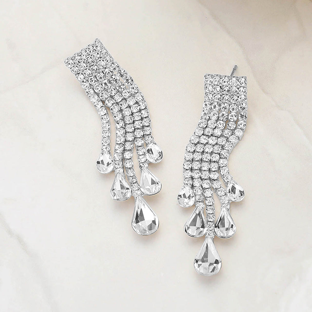 Short Fringe Teardrop Tip Pageant Earrings on Silver | Prom Earrings