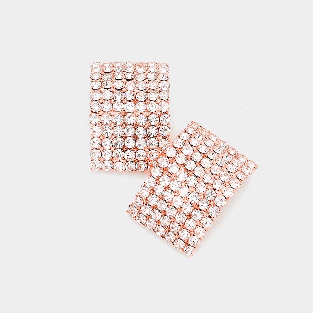 Rectangle Clear Rhinestone Pageant Earrings on Rose Gold | Interview Earrings