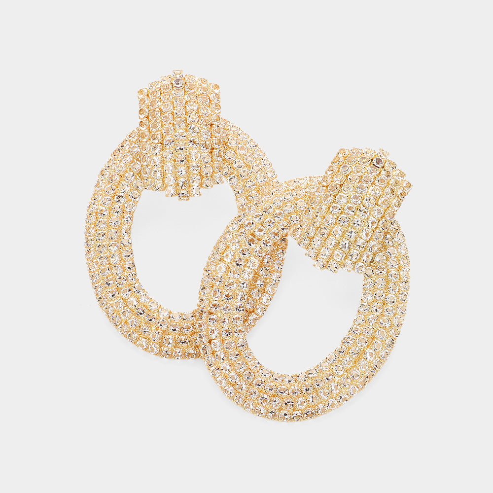 Rhinestone Embellished Door Knocker Pageant Earrings on Gold | Door Knocker Evening Earrings