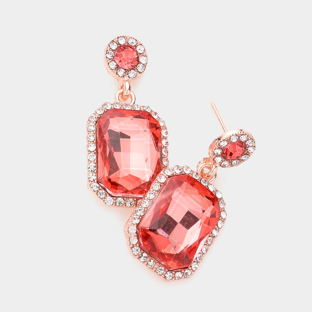 Little Girls Coral Crystal Rectangle Pageant Earrings