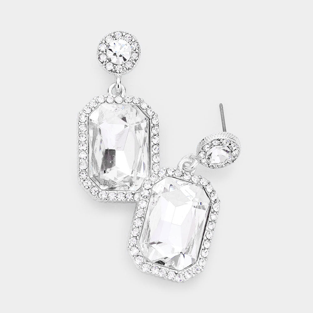 Little Girls Clear Crystal Rectangle Pageant Earrings