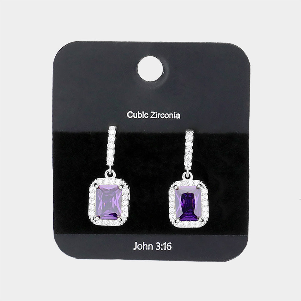 Small Emerald Cut Amethyst Stone Dangle Earrings | Small Drop Earrings 
