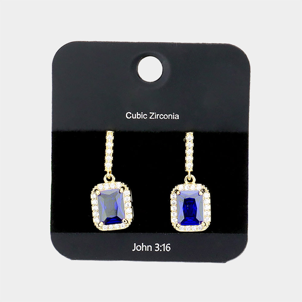 Small Emerald Cut Sapphire Stone Dangle Earrings on Gold | Small Drop Earrings