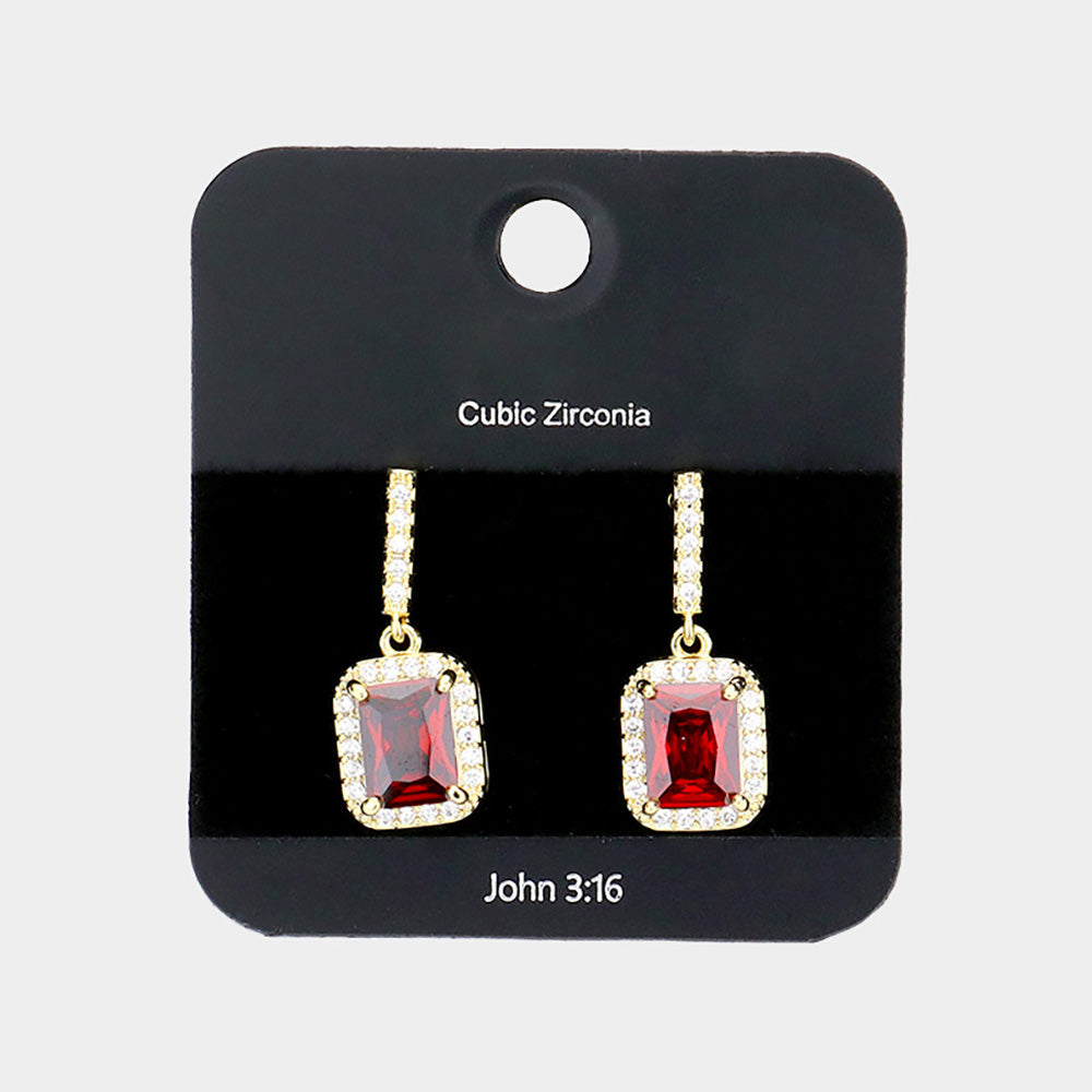Small Emerald Cut Red Stone Dangle Earrings | Small Drop Earrings