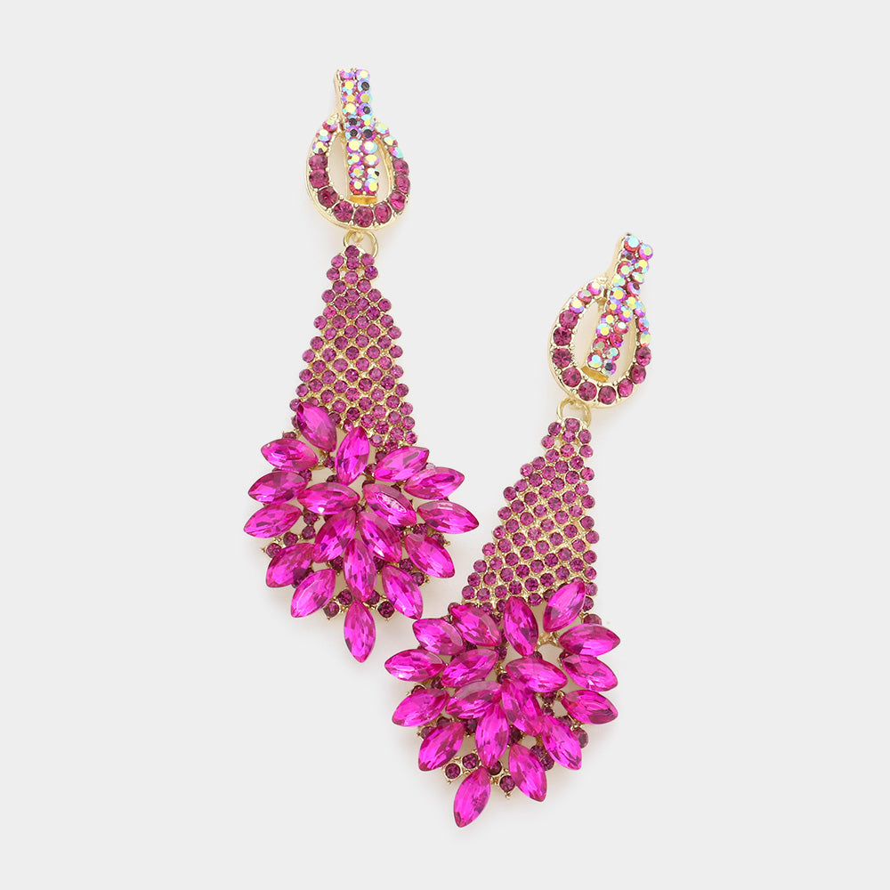 Fuchsia Crystal Abstract Cluster Pageant Earrings  | Prom Earrings