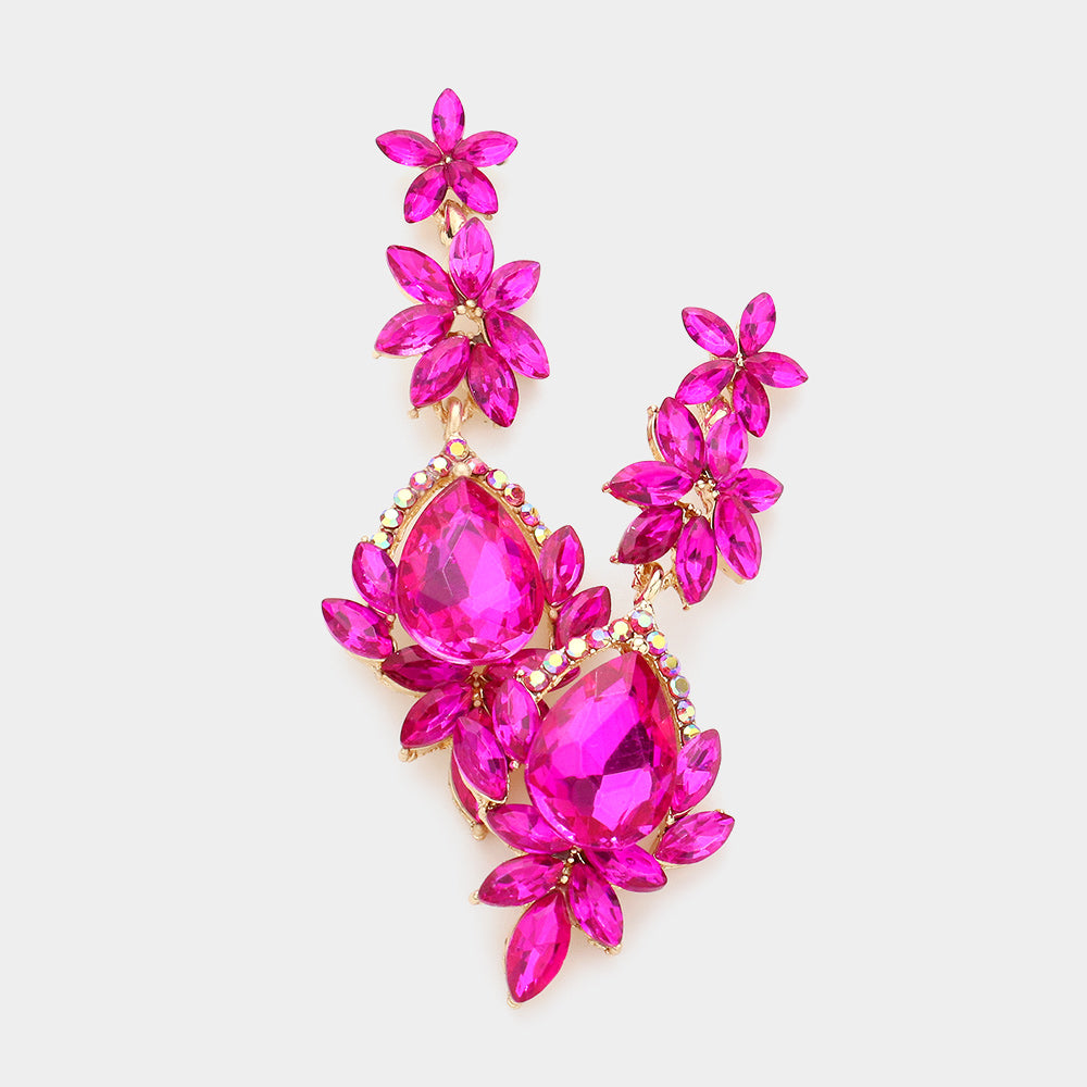 Fuchsia Crystal Dangle Pageant Earrings  | Prom Earrings on Gold | 593240