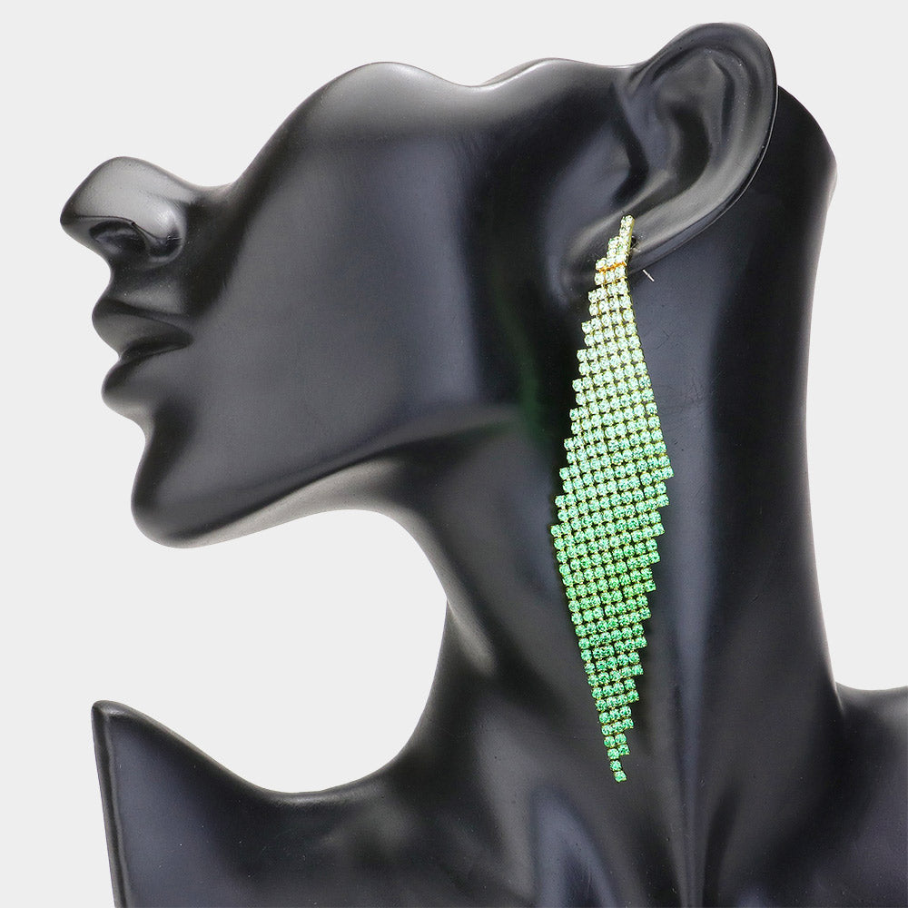 Green Rhinestone Ombre Abstract Paved Pageant Earrings | Prom Earrings