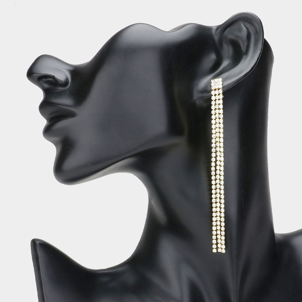 3 Strand Crystal Rhinestone Fringe Pageant Earrings on Gold | Long Rhinestone Earrings