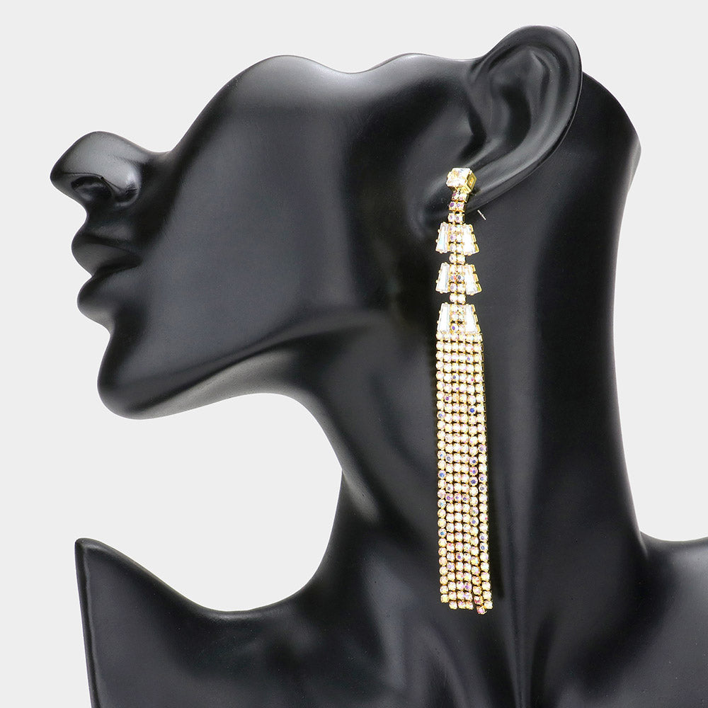 Long AB Rhinestone Fringe Pageant Earrings on Gold | Statement Earrings