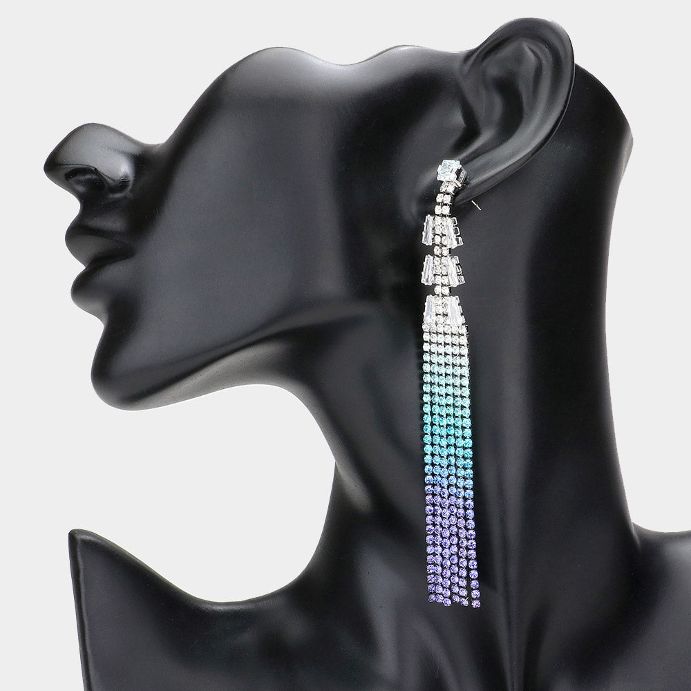 Long Multi-Color Rhinestone Fringe Pageant Earrings  | Statement Earrings