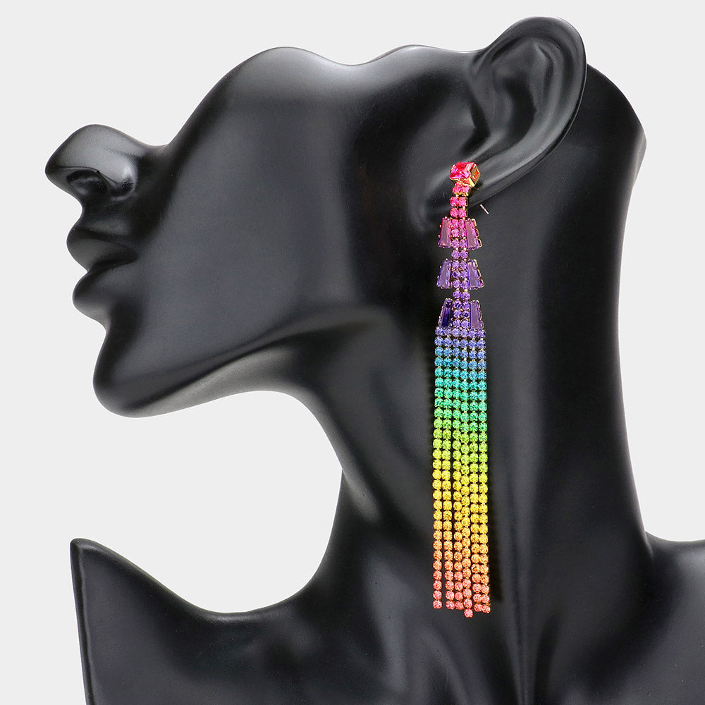 Long Multi-Color Rhinestone Fringe Pageant Earrings  | Statement Earrings
