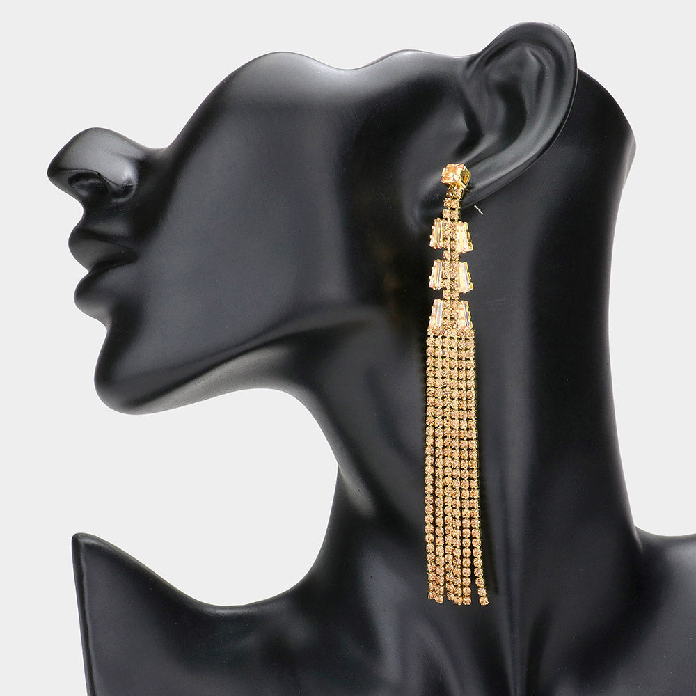 Long Topaz Rhinestone Fringe Pageant Earrings  | Statement Earrings