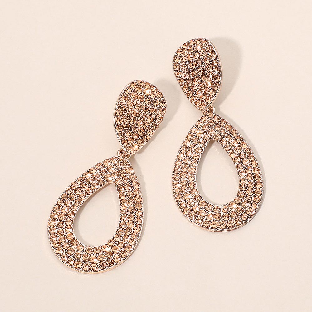 Peach Rhinestone Pave Cut Out Teardrop Pageant & Formal Earrings on Rose Gold |  706255