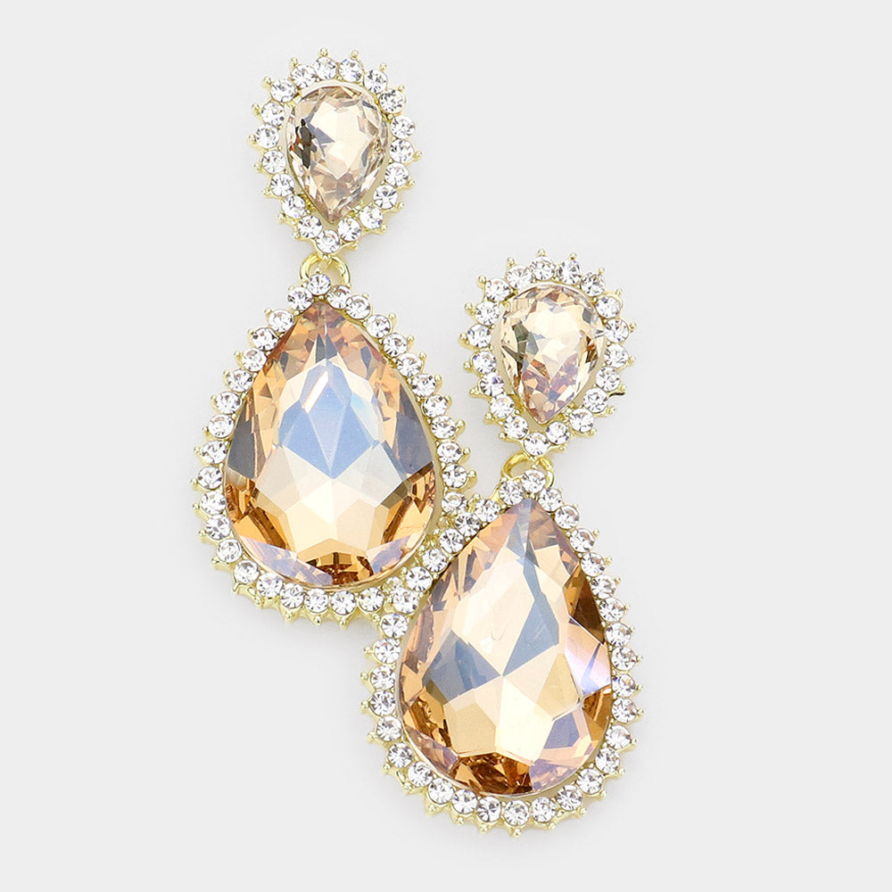 Gold Crystal Rhinestone Teardrop Evening Earrings