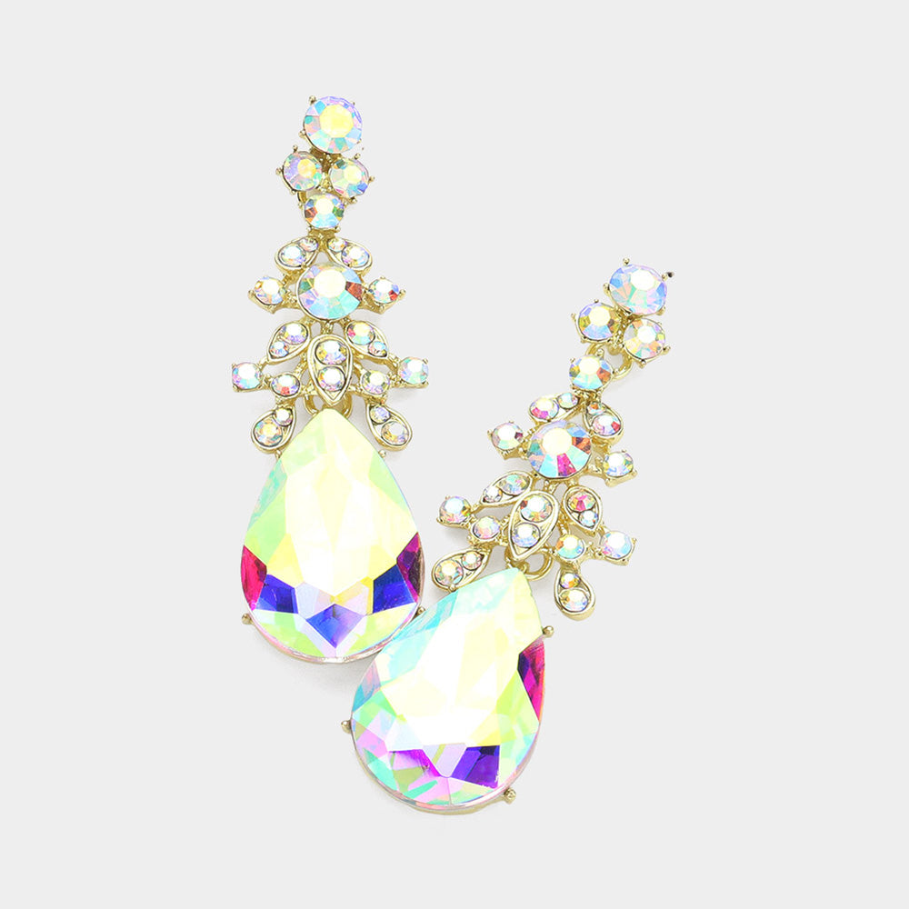 AB Crystal Teardrop Pageant Earrings on Gold