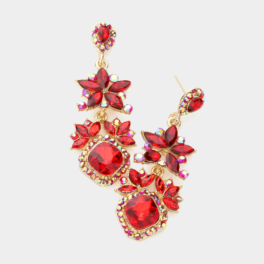 Red Crystal Rhinestone Floral Pageant Earrings | Prom Earrings
