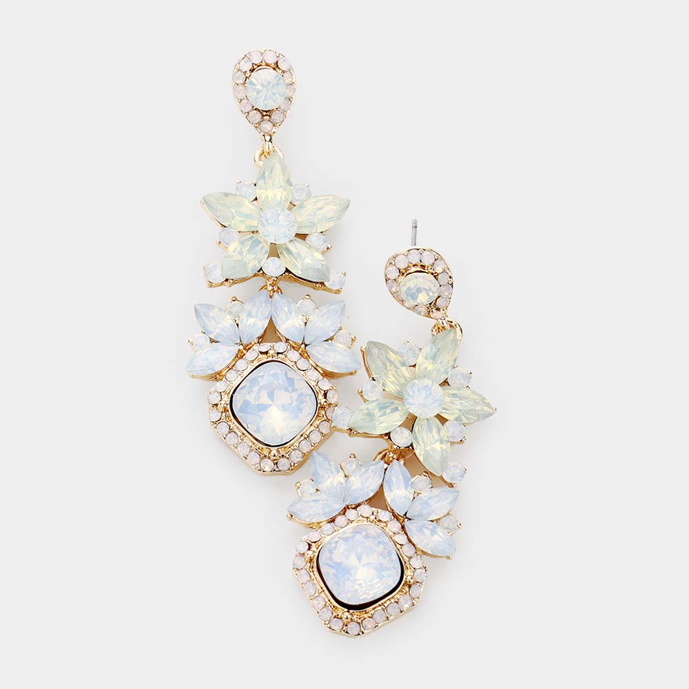 White Crystal & Opal Rhinestone Floral Pageant Earrings | Prom Earrings
