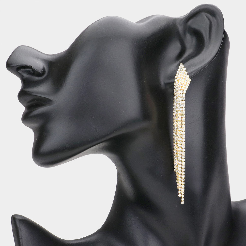 6 Row Clear Crystal Rhinestone Fringe Pageant Earrings on Gold| Prom Earrings
