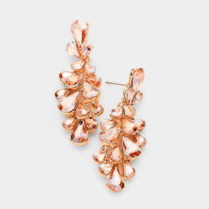 Peach Crystal Teardrop Cluster Pageant Homecoming Earrings on Rose Gold